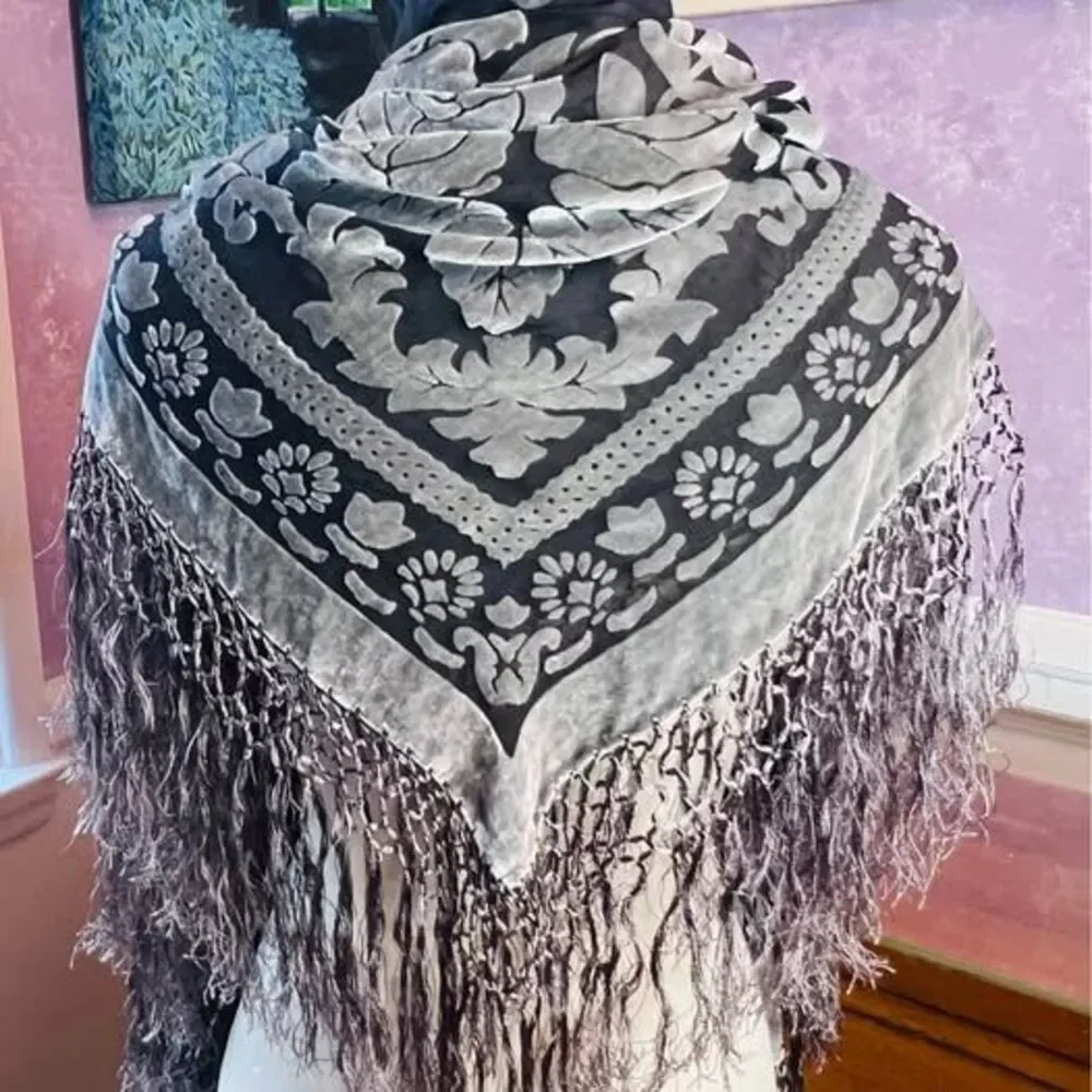Maya Matazaro Rare Silk and Burnout Velvet Piano Shawl